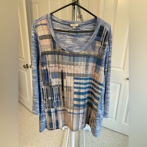 Avenue Blue and Beige Plaid Long Sleeve Top